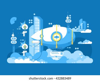 Airship design flat. Old aircraft in air, dirigible for travel and transport aviation, vector illustration