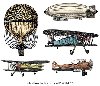 airship or dirigible, air balloon, airplanes corncob. engraved hand drawn in old sketch style, vintage passengers transport.