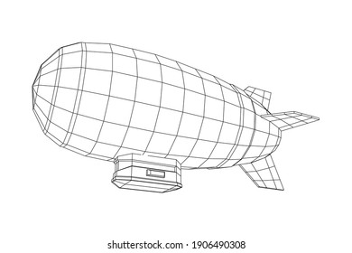 Airship dirigible airway travel transport. Air ship with gondola cabin. Wireframe low poly mesh vector illustration.