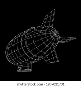 Airship dirigible airway travel transport. Air ship with gondola cabin. Wireframe low poly mesh vector illustration.