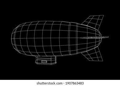 Airship dirigible airway travel transport. Air ship with gondola cabin. Wireframe low poly mesh vector illustration.