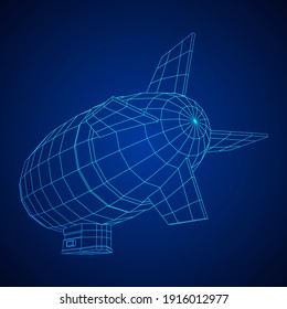 Airship dirigible airway travel transport. Air ship with gondola cabin. Wireframe low poly mesh vector illustration.