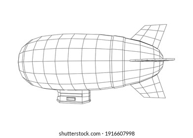 Airship dirigible airway travel transport. Air ship with gondola cabin. Wireframe low poly mesh vector illustration.