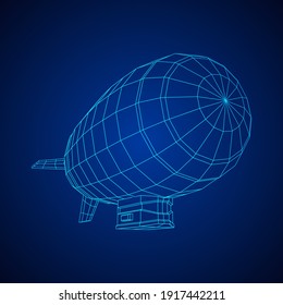 Airship dirigible airway travel transport. Air ship with gondola cabin. Wireframe low poly mesh vector illustration.