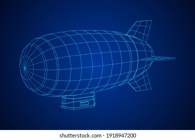 Airship dirigible airway travel transport. Air ship with gondola cabin. Wireframe low poly mesh vector illustration.