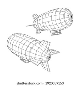 Airship dirigible airway travel transport. Air ship with gondola cabin. Wireframe low poly mesh vector illustration.