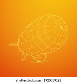 Airship dirigible airway travel transport. Air ship with gondola cabin. Wireframe low poly mesh vector illustration.