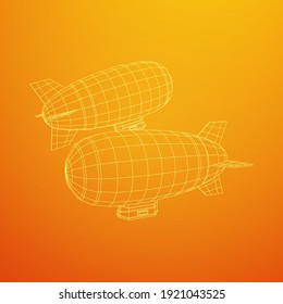 Airship dirigible airway travel transport. Air ship with gondola cabin. Wireframe low poly mesh vector illustration.