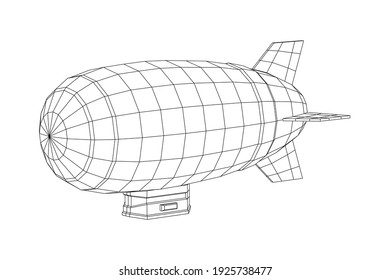 Airship dirigible airway travel transport. Air ship with gondola cabin. Wireframe low poly mesh vector illustration.