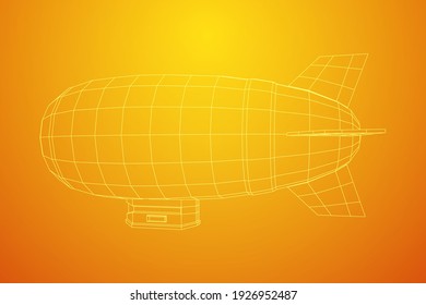 Airship dirigible airway travel transport. Air ship with gondola cabin. Wireframe low poly mesh vector illustration.