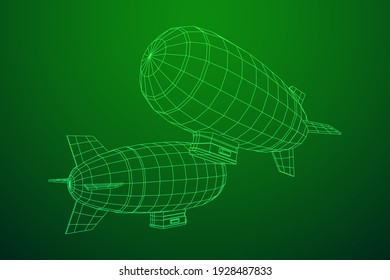 Airship dirigible airway travel transport. Air ship with gondola cabin. Wireframe low poly mesh vector illustration.