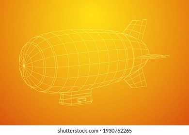 Airship dirigible airway travel transport. Air ship with gondola cabin. Wireframe low poly mesh vector illustration.