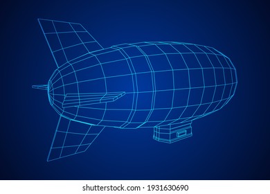 Airship dirigible airway travel transport. Air ship with gondola cabin. Wireframe low poly mesh vector illustration.