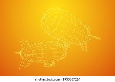 Airship dirigible airway travel transport. Air ship with gondola cabin. Wireframe low poly mesh vector illustration.