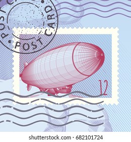 Airship dirigible card, vector engraving illustration. Stamp. Mark. Postcard.