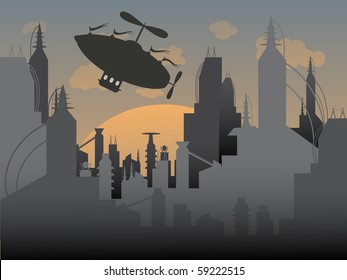 Airship flies away from a futuristic urban city vector illustration