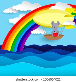 The airship flies over the ocean waves. Cute little mouse holding heart. Rainbow in the sky with clouds. Vector illustration.