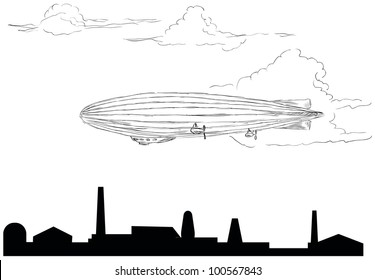 The airship flying over the plant. Vector illustration.