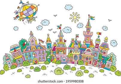 Airship flying over pretty colorful houses, castles, palaces and towers of an old small town from a fairytale on a sunny summer day, vector cartoon illustration isolated on white