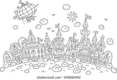 Airship flying over pretty houses, castles, palaces and towers of an old small town from a fairytale on a sunny summer day, black and white outline vector cartoon for a coloring book page