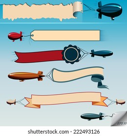 Airship  flying in the sky with banners vector set