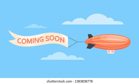 Airship flying in the sky with a coming soon message. Big advertising and announcement. Dirigible promotion. Flight transportation. Vector illustration in cartoon style