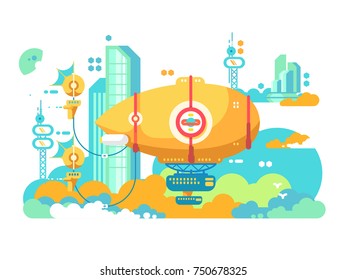Airship hovering in city design flat. Old aircraft in air, dirigible for travel and retro transport aviation, vector illustration