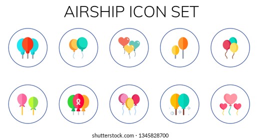 airship icon set. 10 flat airship icons.  Collection Of - balloons, balloon