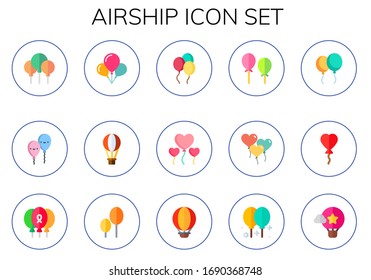 airship icon set. 15 flat airship icons. Included balloons, balloon, hot air balloon icons