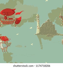 Airship and the Irish Lighthouse Vector Pattern