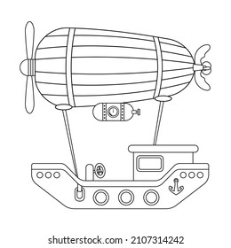 Airship Outline Flat Design Steampunk And Retro Cartoon Concept. Blimp Mechanical  Thin Line. Vector, Illustration