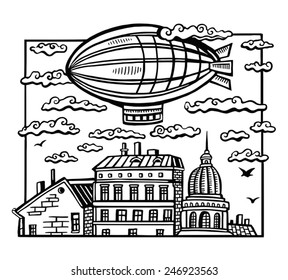 airship over the city. black-and-white picture