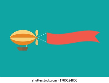 Airship pulls the banner. Flat style design. Vector illustration