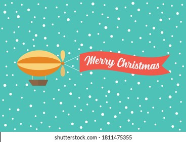 Airship pulls the banner with word MERRY CHRISTMAS on it. Flat style design. Vector illustration