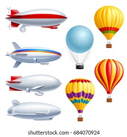 Airship realistic icon set with different types of planes dirigible and air balloons vector illustration