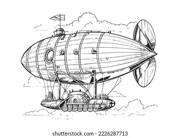 Airship retro flying in the clouds hand drawn sketch engraving style vector illustration.