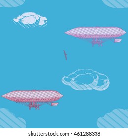 Airship retro, vector seamless pattern. Blue.