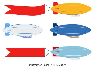Airship, set of airships isolated on white. The airship pulls the banner.