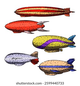 airship set hand drawn. blimp dirigible, aerostat balloon, flight hydrogen airship vector sketch. isolated color illustration