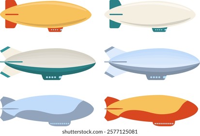 Airship, set of vintage dirigibles isolated on white background. Airship icon. Vector, designer illustration. Vector.