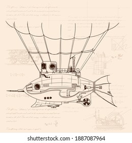 Schiff in Form eines Fisches mit einem Metallkörper auf mechanischer Steuerung im Steampunkstil auf dem Hintergrund eines alten zerbrochenen Papiers mit Zeichnungen, Formeln und technischen Noten.