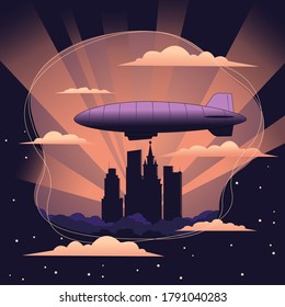 Airship in the sky above skyscrapers. City landscape against the setting sun. Vector illustration.