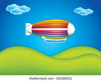 Airship in the sky background.Vector illustration of cartoon zeppelin in rainbow colors