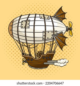 ilustración vectorial del retro de arte pop steampunk de la nave aérea. La imitación al estilo de un libro de historietas.