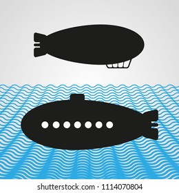 Airship, submarine - vector icon set