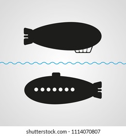 Airship, submarine - vector icon set