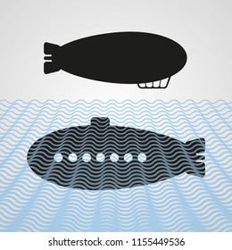Airship, submarine - vector icon set