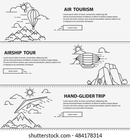 Airship tourism banner in line style. Balloon travel flight transportation. Set of air tour banners. Vector illustration