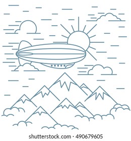 Airship tourism banner in line style. Airship travel flight transportation.