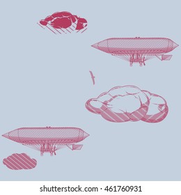 Airship vintage retro, vector seamless pattern. Silver.